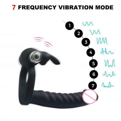 Vibrator Strap on Dildo Double Penetration Cock Rings Rabbit Vibrator Anal Plug Sex Toys Silicone Butt Plug Strapon Enhancer 7 Speed Adult Women Pleasure