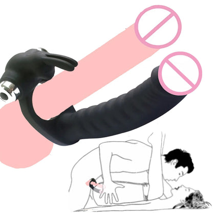 Vibrator Strap on Dildo Double Penetration Cock Rings Rabbit Vibrator Anal Plug Sex Toys Silicone Butt Plug Strapon Enhancer 7 Speed Adult Women Pleasure